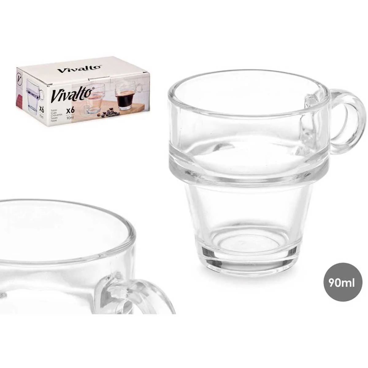 Vivalto Espressokop - Set van 6 - Stapelbaar - 90ml - Espressoglas - Kleine Koffieglas - Afbeelding 2